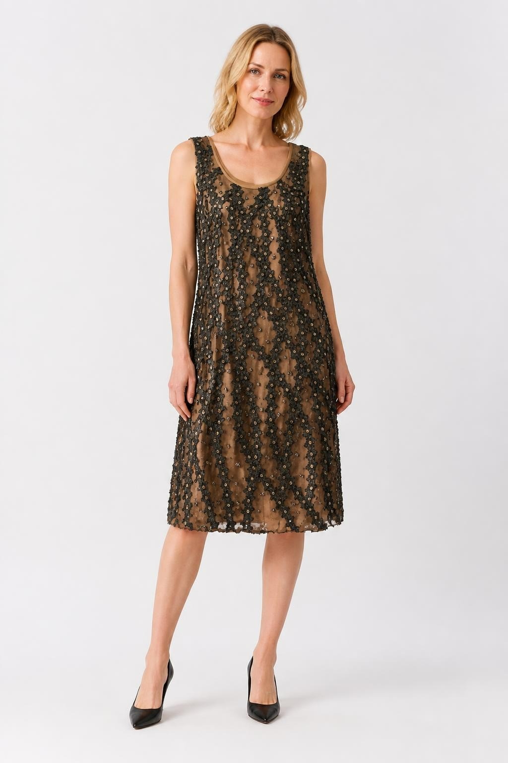 Beige Black Floral Sequin Sleeveless Tunic Top - pre-loved at Why Go Less, Lebanon