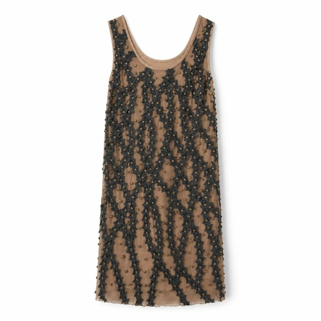 Beige Black Floral Sequin Sleeveless Tunic Top - pre-loved at Why Go Less, Lebanon (2)