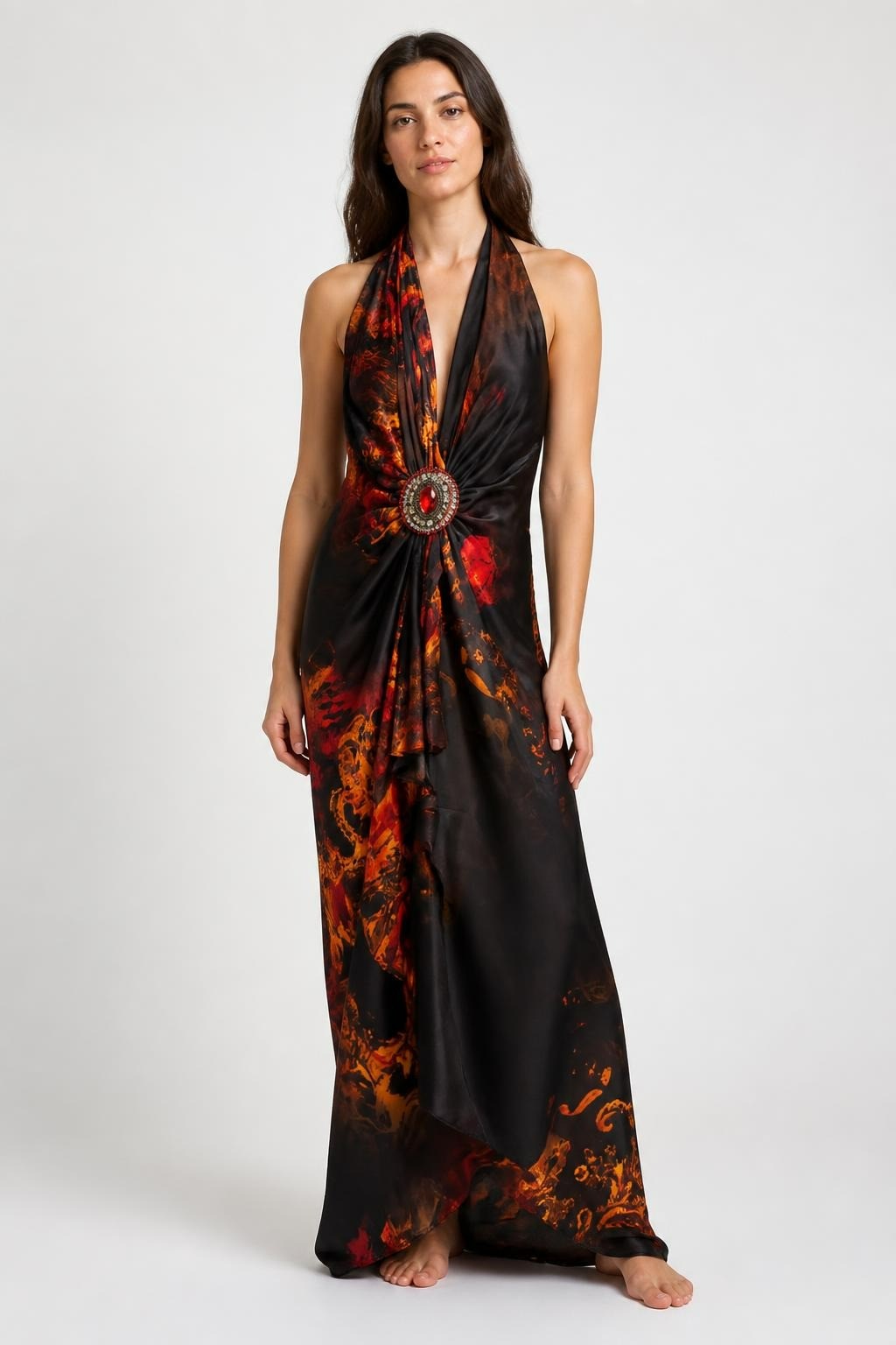 Black Red Dramatic Print Chiffon Gown Brooch - pre-loved at Why Go Less, Lebanon