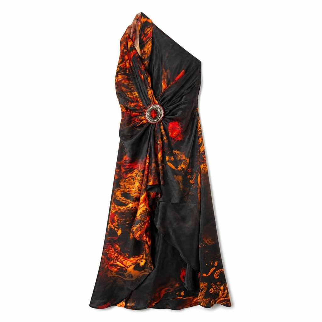 Black Red Dramatic Print Chiffon Gown Brooch - pre-loved at Why Go Less, Lebanon (2)