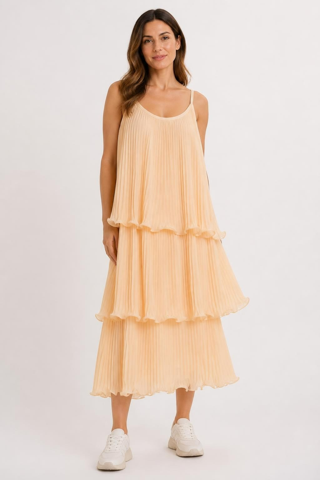 Peach Pleated Tiered Spaghetti-strap Midi Dress - pre-loved at Why Go Less, Lebanon