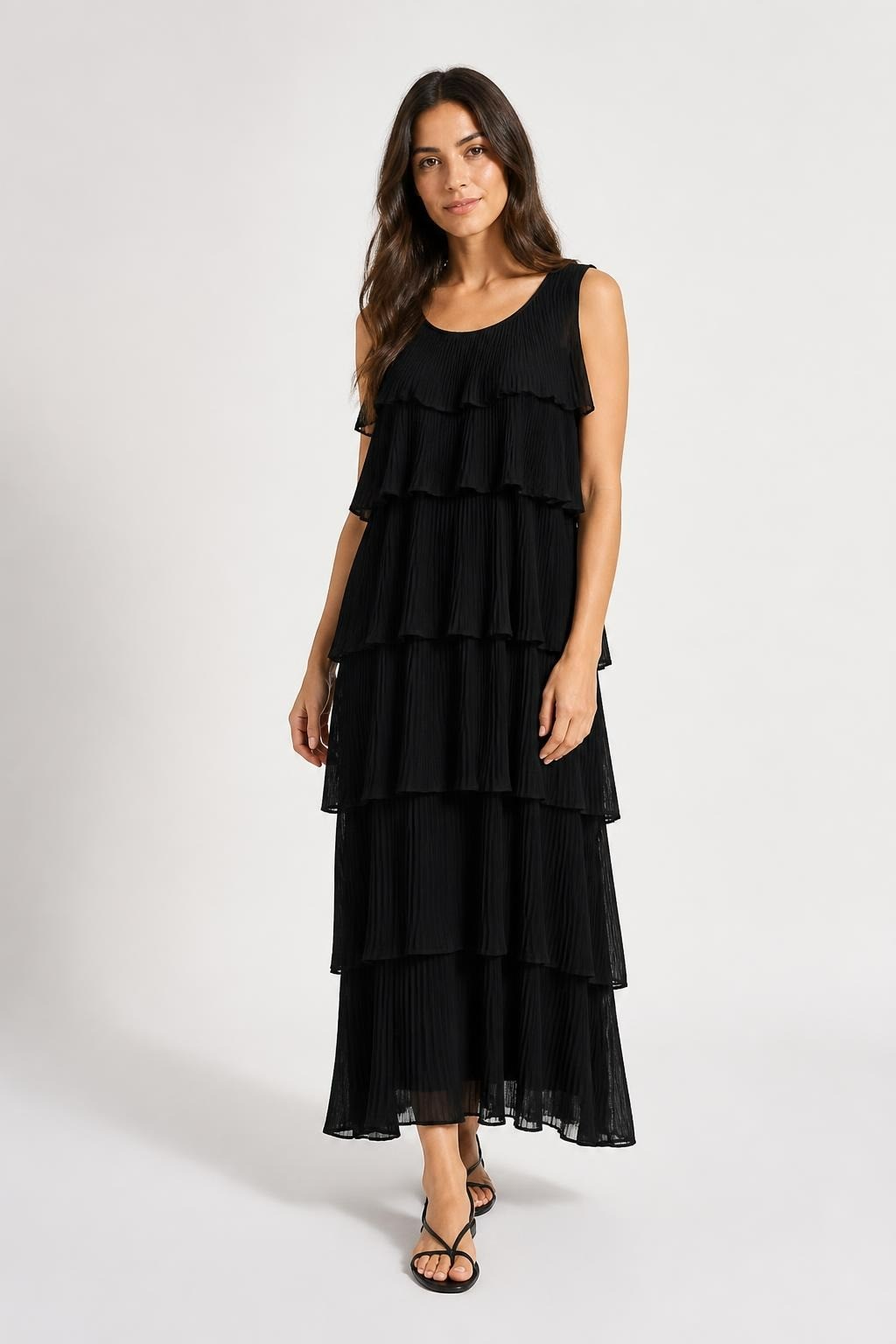 Black Pleated Tiered Spaghetti-strap Midi Dress - pre-loved at Why Go Less, Lebanon