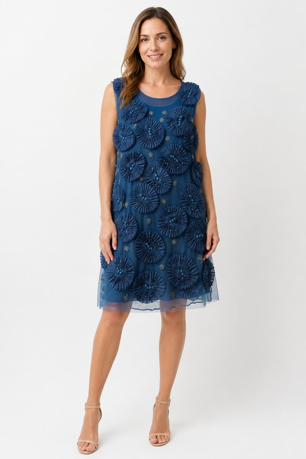 Navy Blue Beaded Floral Appliqué Sleeveless Mini Dress - pre-loved at Why Go Less, Lebanon