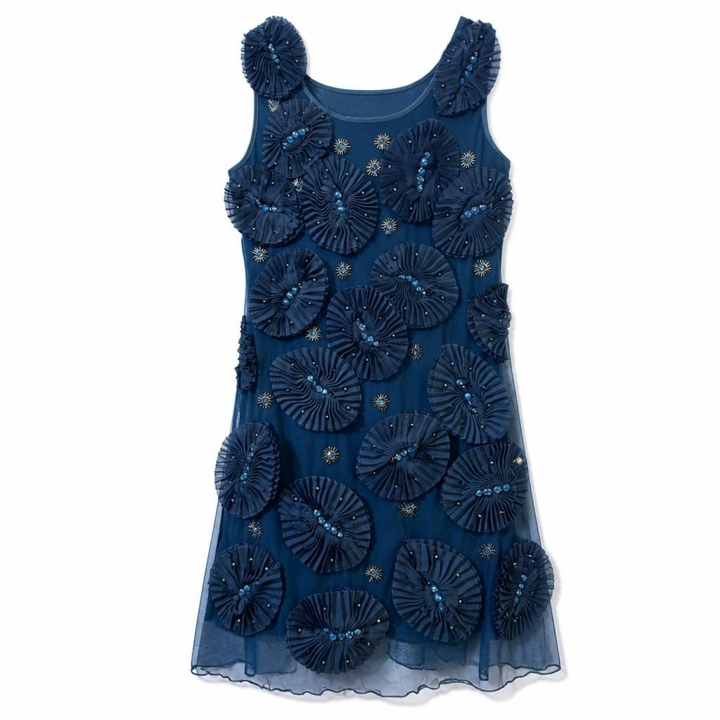 Navy Blue Beaded Floral Appliqué Sleeveless Mini Dress - pre-loved at Why Go Less, Lebanon (2)