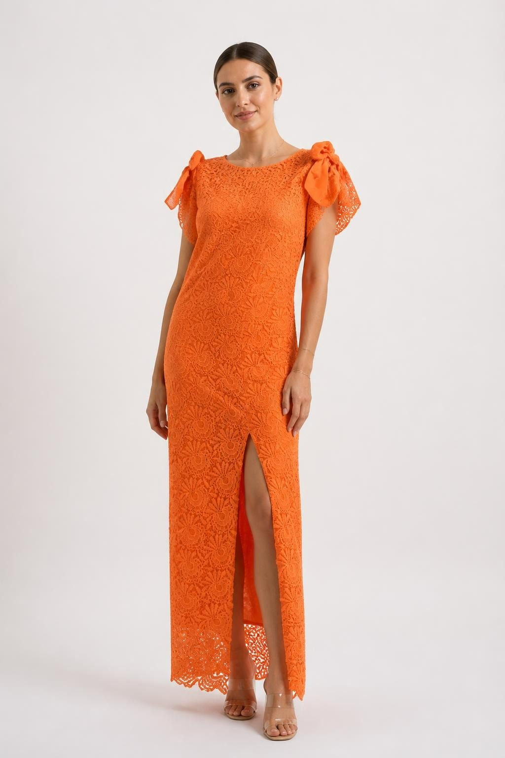 Orange Lace Midi Dress with Ruffle Detail - pre-loved at Why Go Less, Lebanon