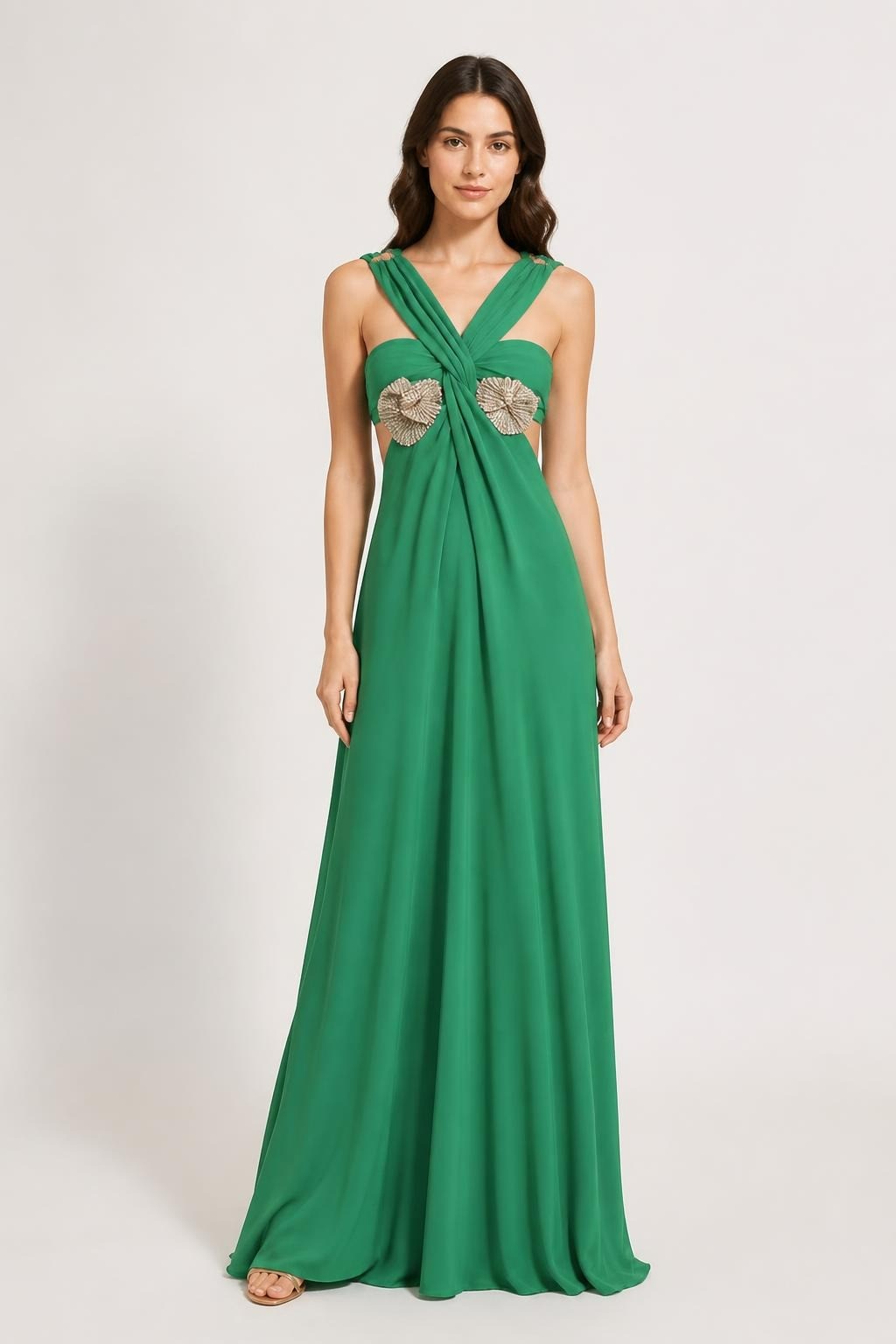 Green Long Evening Gown with Embellished Bow - pre-loved at Why Go Less, Lebanon