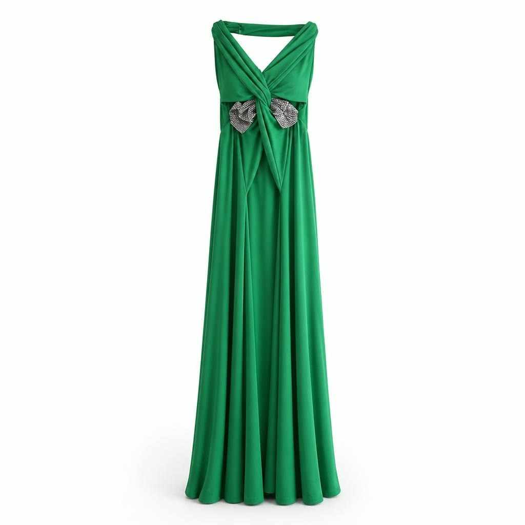 Green Long Evening Gown with Embellished Bow - pre-loved at Why Go Less, Lebanon (2)