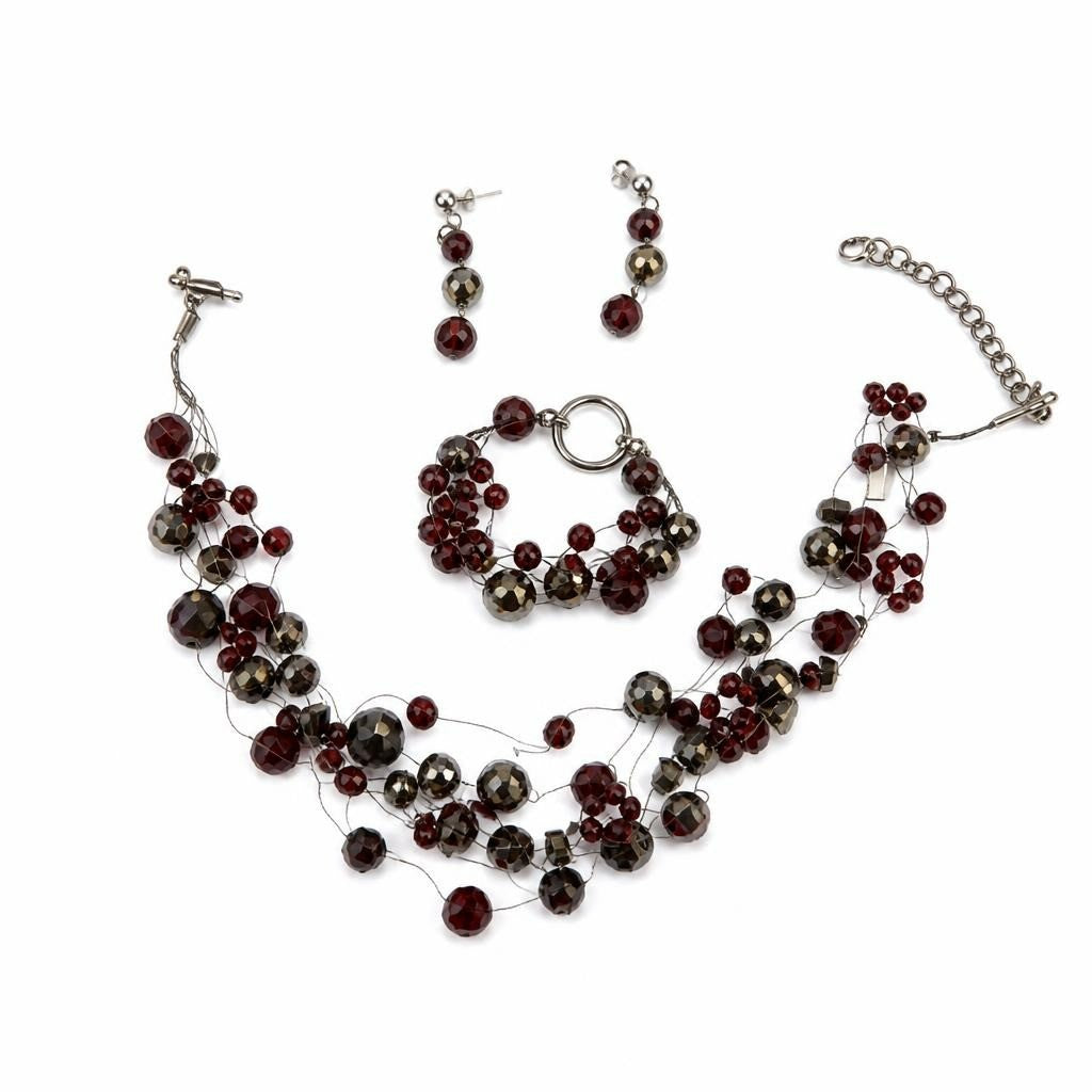 Dark Red & Gunmetal Beaded Wire Necklace Set - pre-loved at Why Go Less, Lebanon