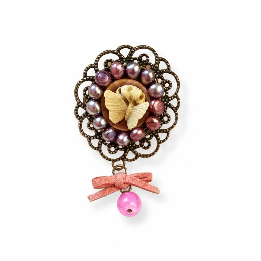 Vintage Brooch Butterfly Pearl Pink Bow Bead - pre-loved at Why Go Less, Lebanon