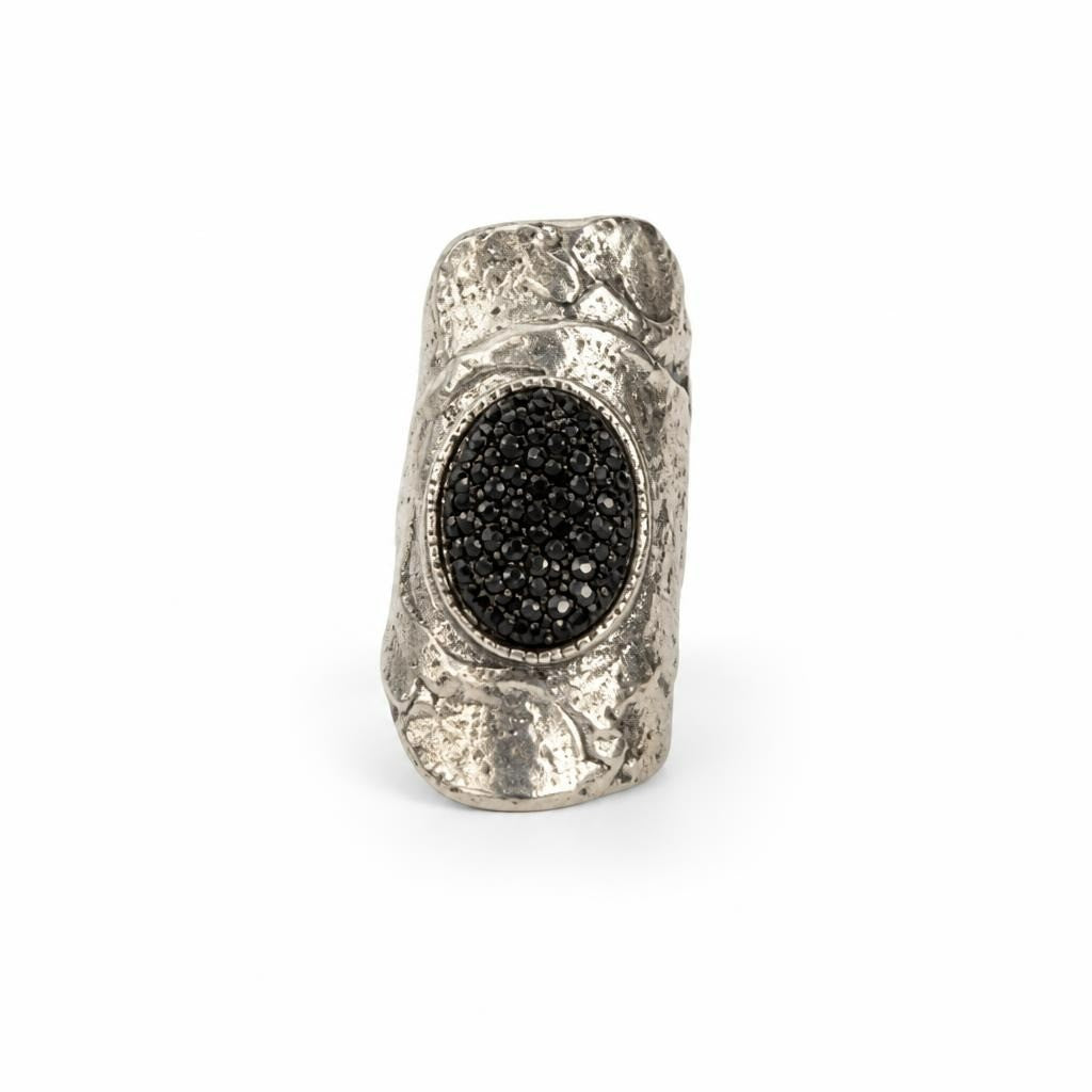 Large Silver Cocktail Ring Black Crystal Oval - pre-loved at Why Go Less, Lebanon