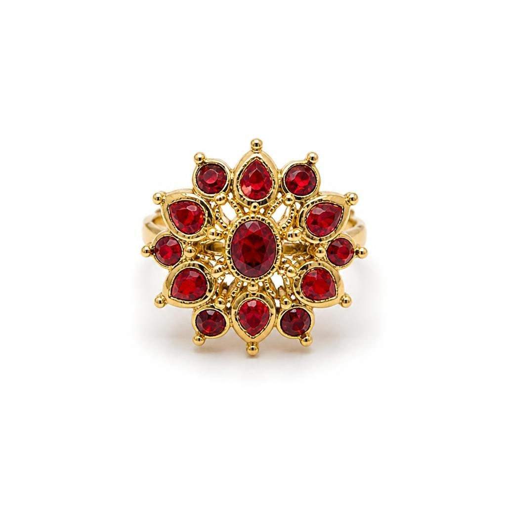 Gold Floral Ring Red Crystal Statement Oversized - pre-loved at Why Go Less, Lebanon