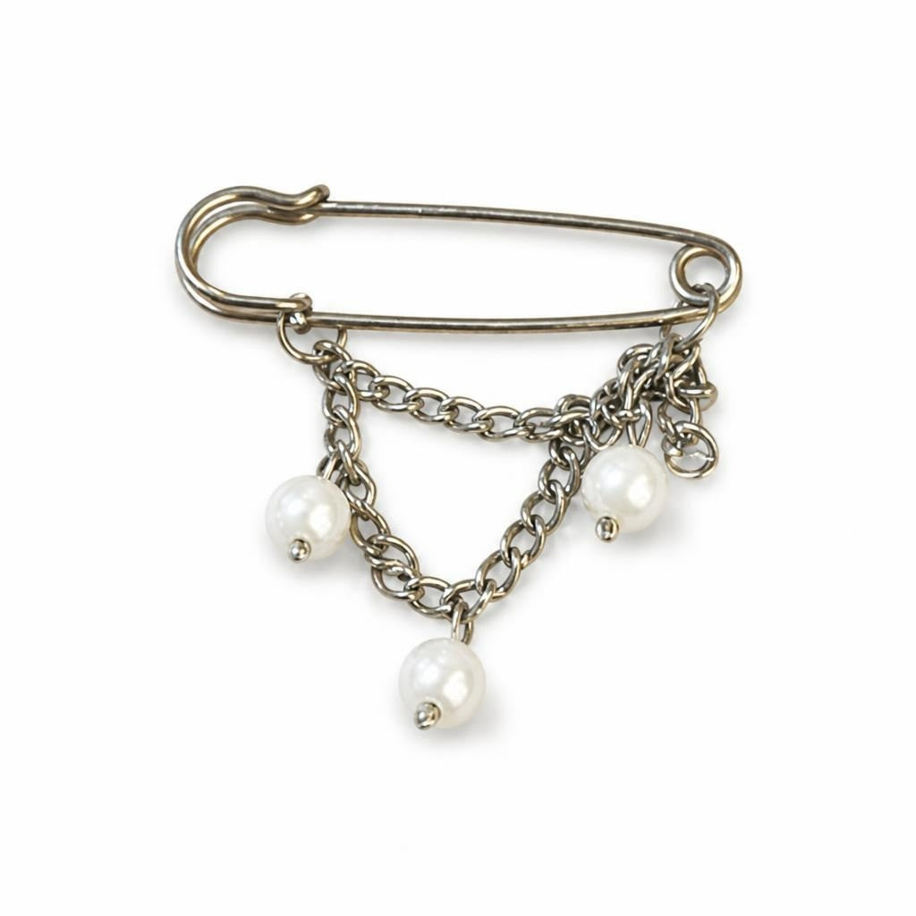 Silver Safety Pin Brooch with Pearl Charms - pre-loved at Why Go Less, Lebanon