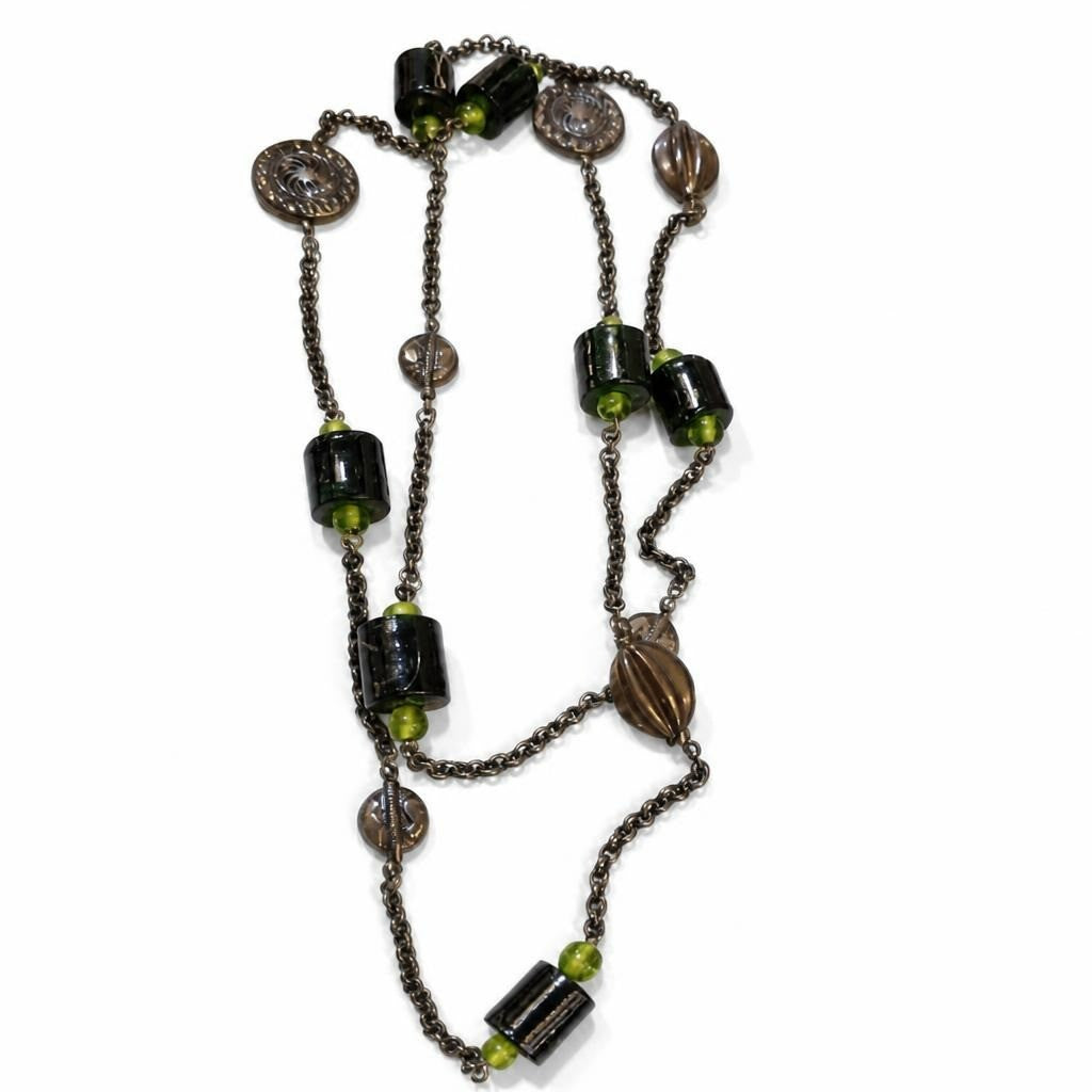 Long Boho Beaded Chain Necklace Green & Bronze - pre-loved at Why Go Less, Lebanon