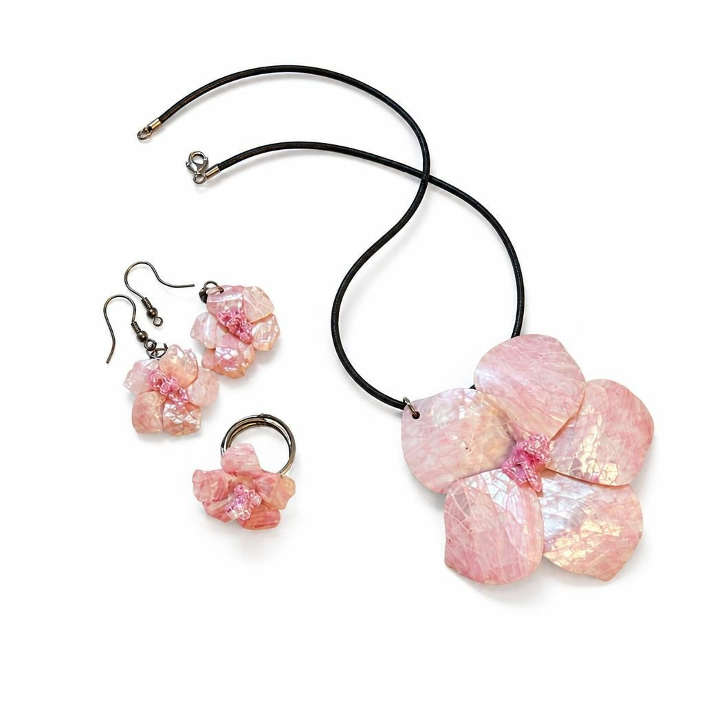 Pink Floral Shell Necklace Earrings Ring Set - pre-loved at Why Go Less, Lebanon