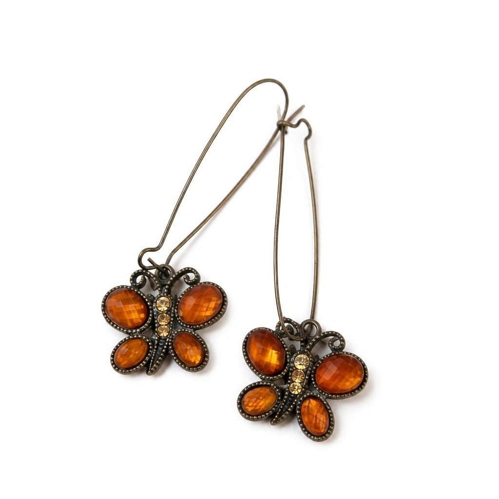 Butterfly Dangle Earrings Amber Stone Bronze Tone - pre-loved at Why Go Less, Lebanon