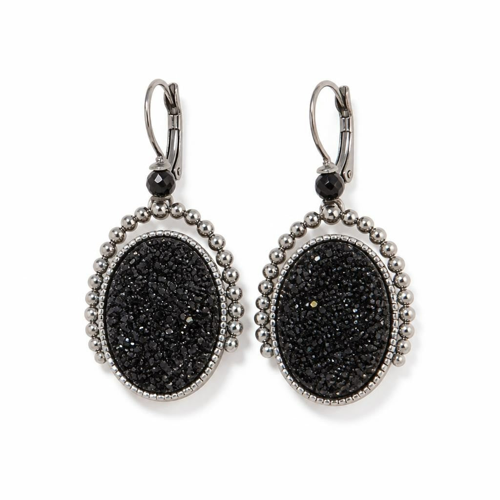 Black Glitter Oval Drop Earrings Silver Tone - pre-loved at Why Go Less, Lebanon