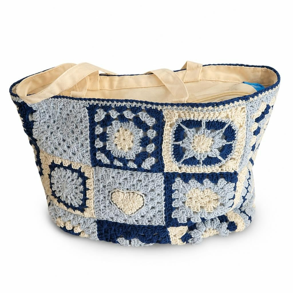 Crochet Granny Square Tote Bag Blue & Cream - new at Why Go Less, Lebanon
