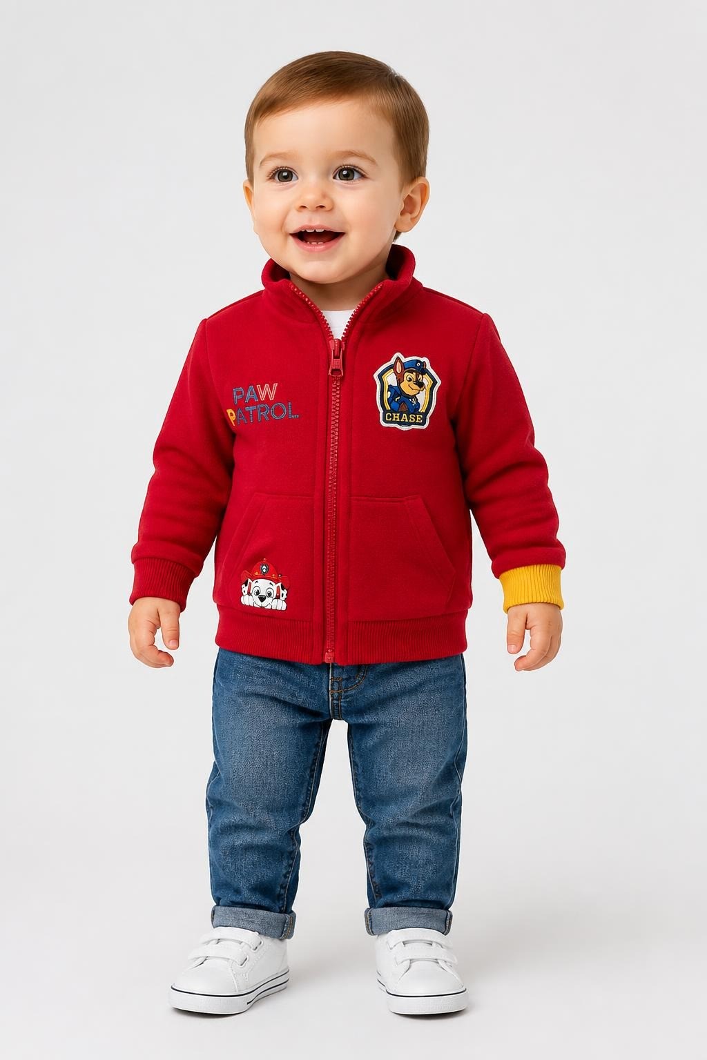 PAW Patrol Red Zip Sweatshirt Chase Patch Tag Close-up - pre-loved at Why Go Less, Lebanon