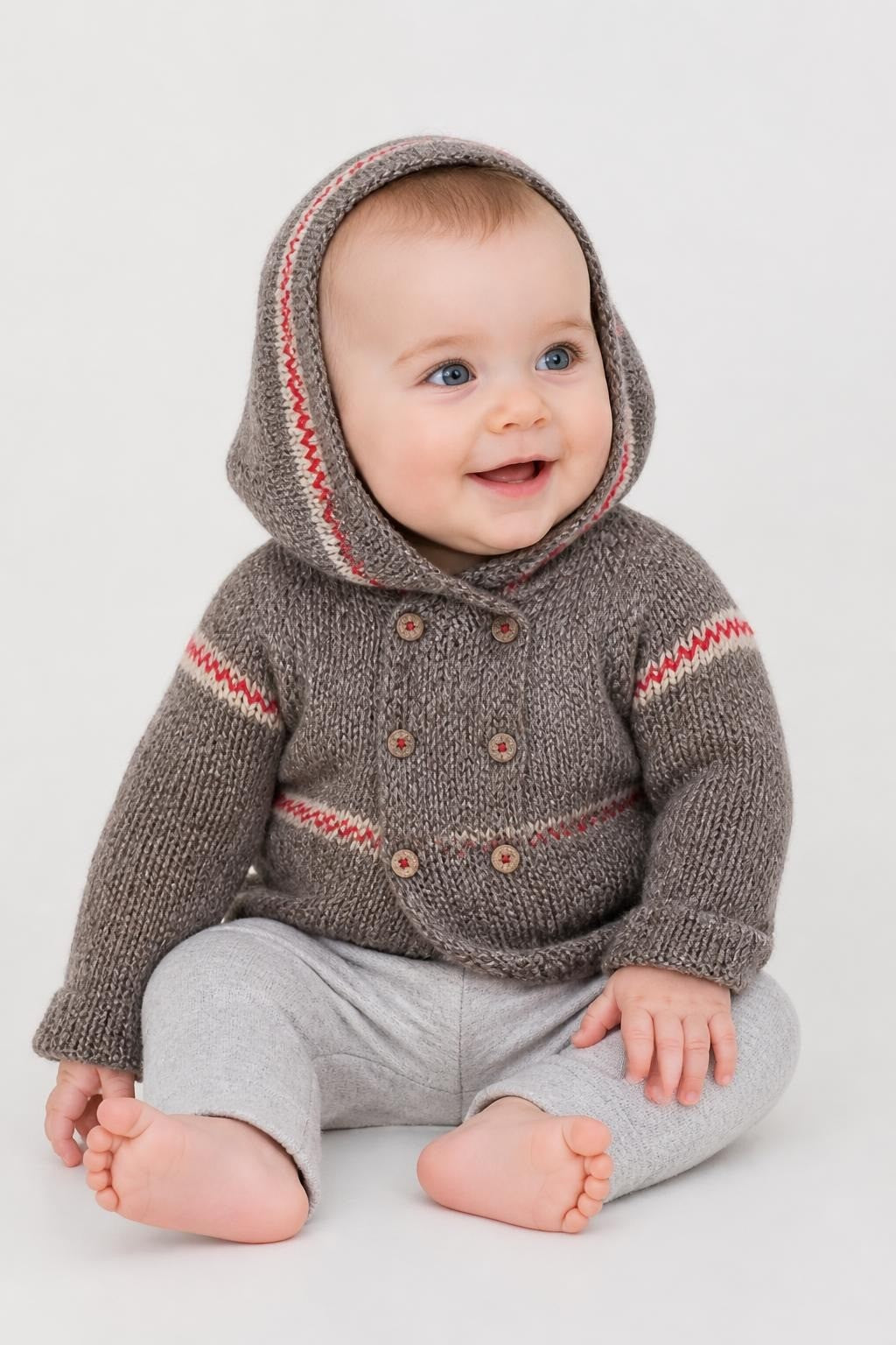 Hand-knit Grey Wool Baby Cardigan with Hat, Red Trim - pre-loved at Why Go Less, Lebanon