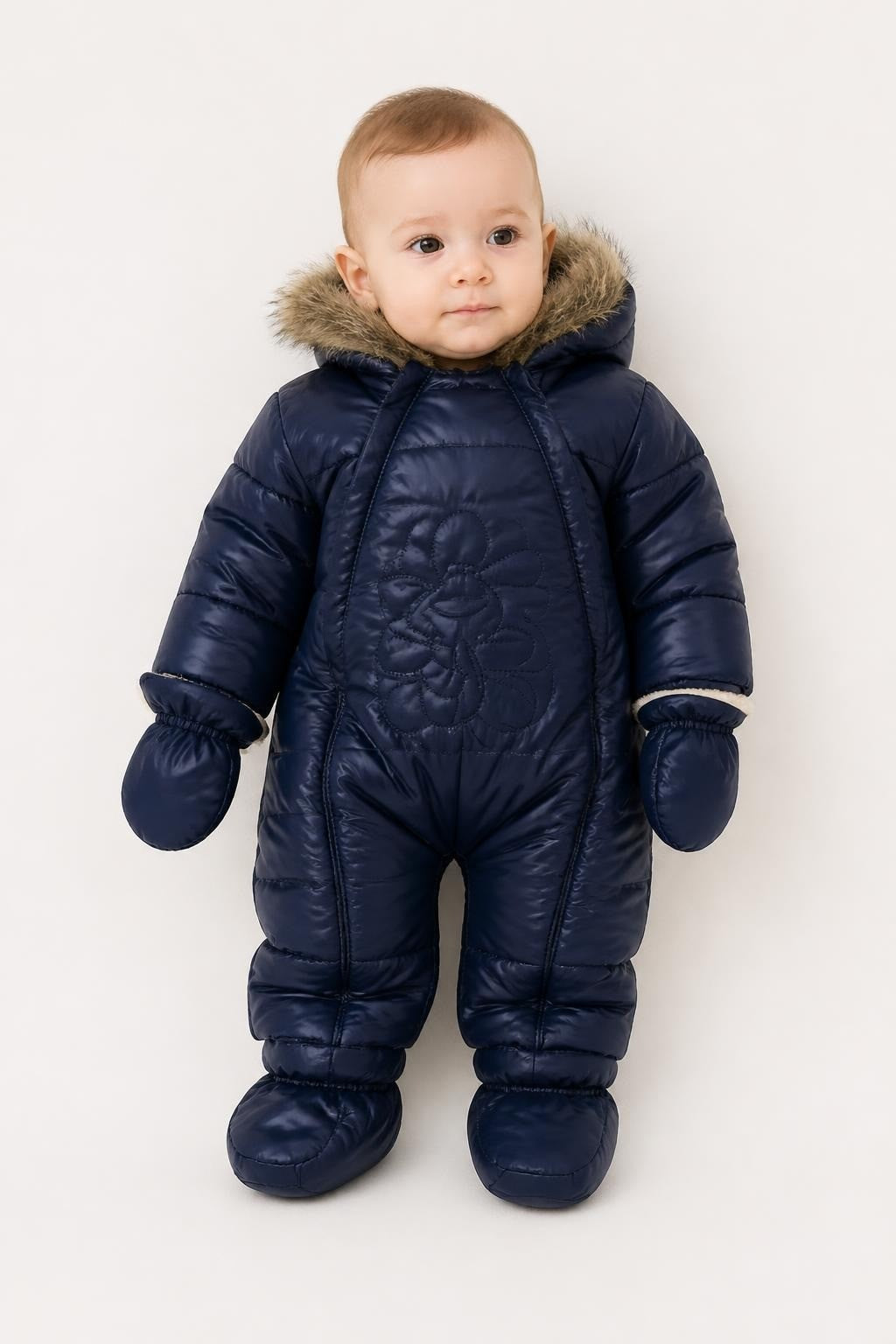 Bon Bon Navy Puffer Snowsuit with Fur Hood, 3M - pre-loved at Why Go Less, Lebanon