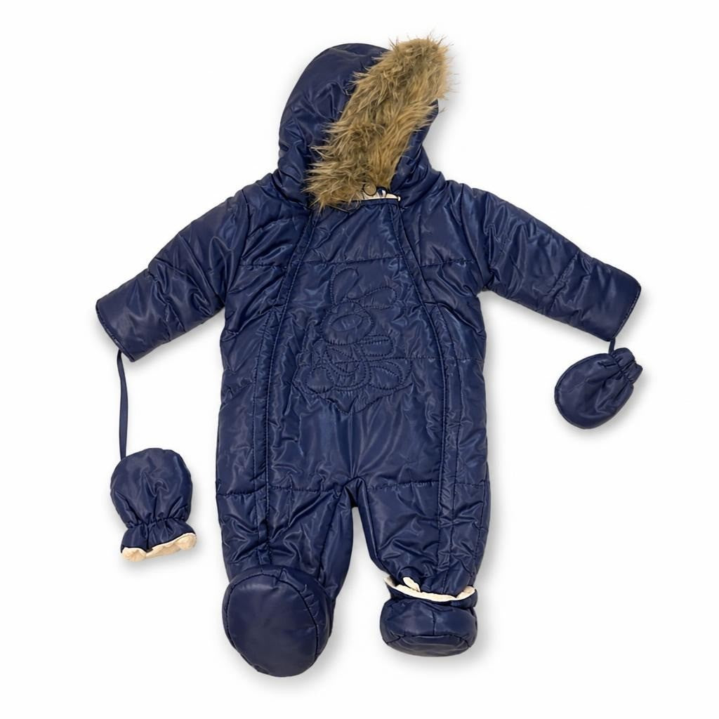 Bon Bon Navy Puffer Snowsuit with Fur Hood, 3M - pre-loved at Why Go Less, Lebanon