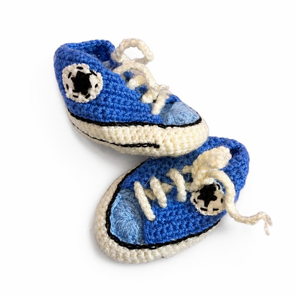 Handmade Crochet Baby Sneakers, Blue, Newborn - pre-loved at Why Go Less, Lebanon