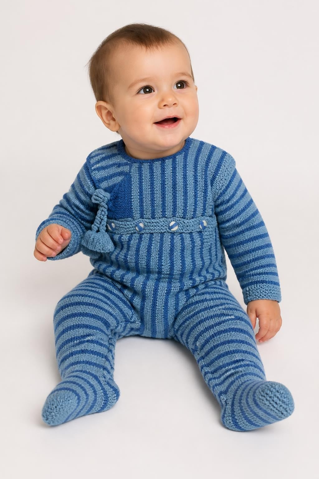 Hand-knit Blue Striped Baby Cardigan with Hood - pre-loved at Why Go Less, Lebanon