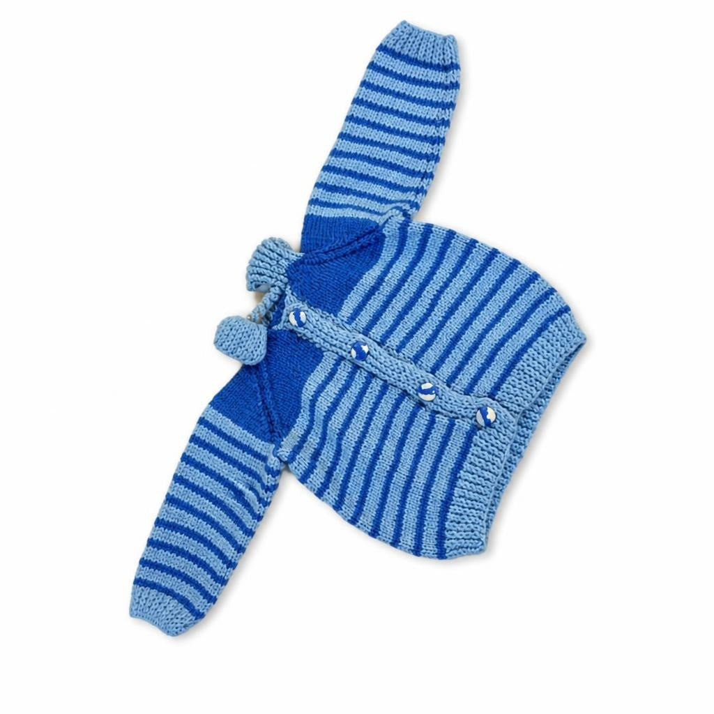 Hand-knit Blue Striped Baby Cardigan with Hood - pre-loved at Why Go Less, Lebanon