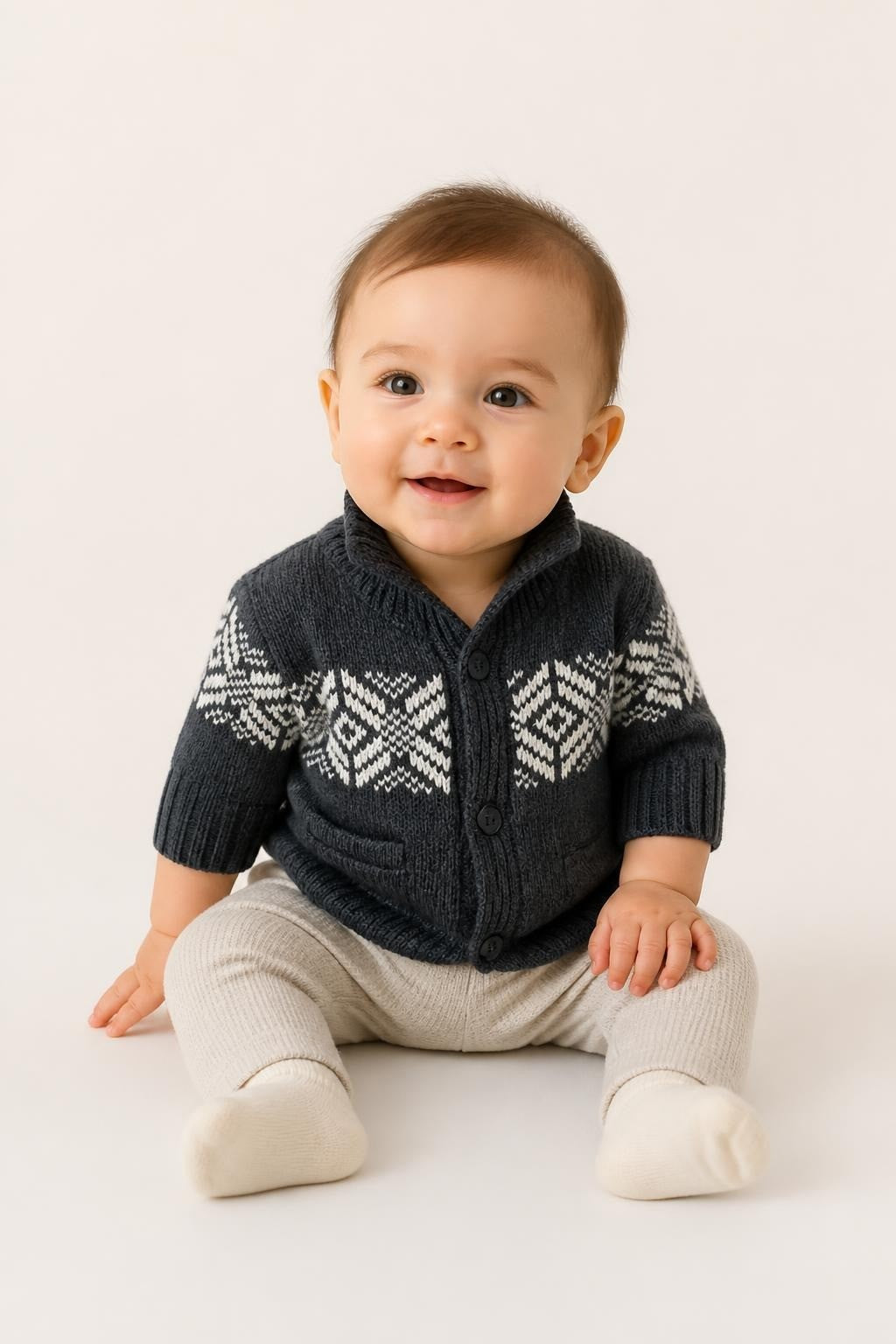 Grey Nordic Fair-isle Button Baby Cardigan - pre-loved at Why Go Less, Lebanon