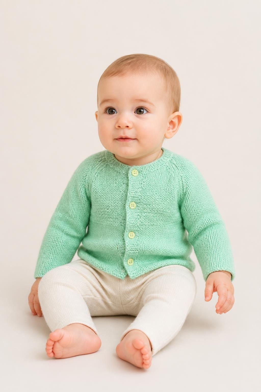 Mint Green Hand-knit Baby Cardigan Floral Buttons - pre-loved at Why Go Less, Lebanon