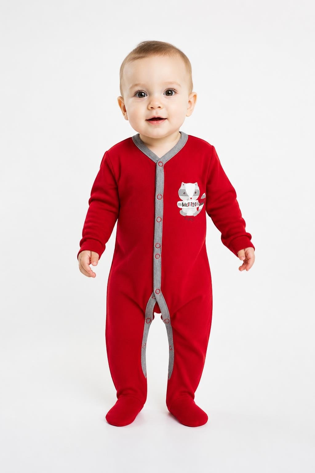 Red Footed Baby Sleepsuit 'Wanted' Cat Graphic - pre-loved at Why Go Less, Lebanon