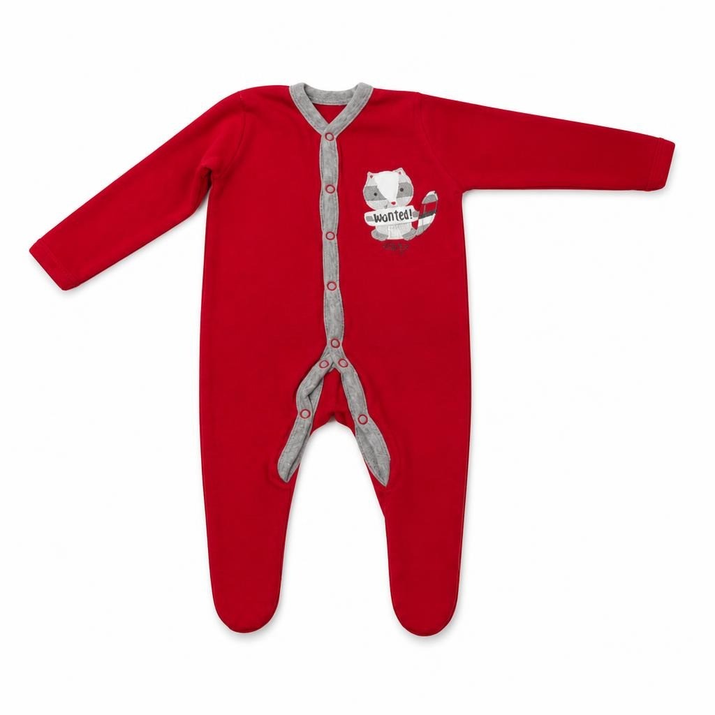 Red Footed Baby Sleepsuit 'Wanted' Cat Graphic - pre-loved at Why Go Less, Lebanon