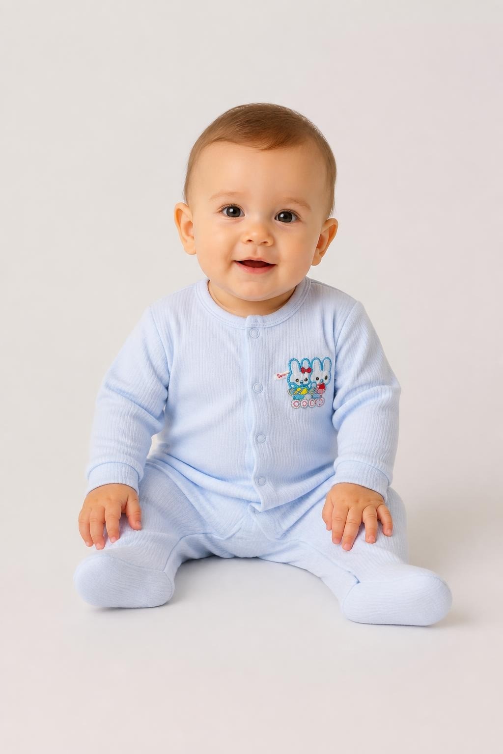 Blue Striped Footed Baby Sleepsuit Bunny Embroidery - pre-loved at Why Go Less, Lebanon