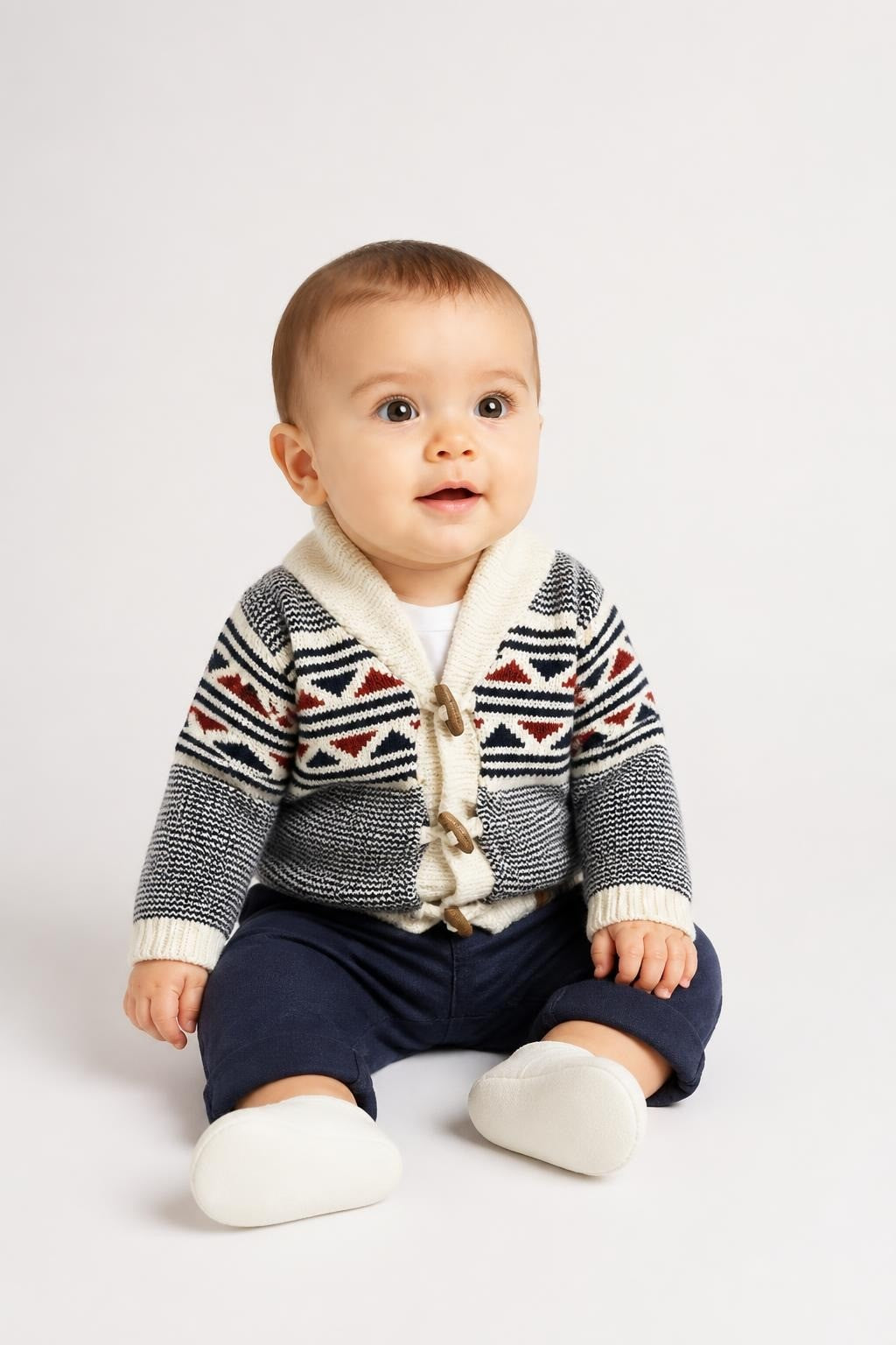 Aztec Knit Baby Cardigan Cream Navy Toggle - pre-loved at Why Go Less, Lebanon