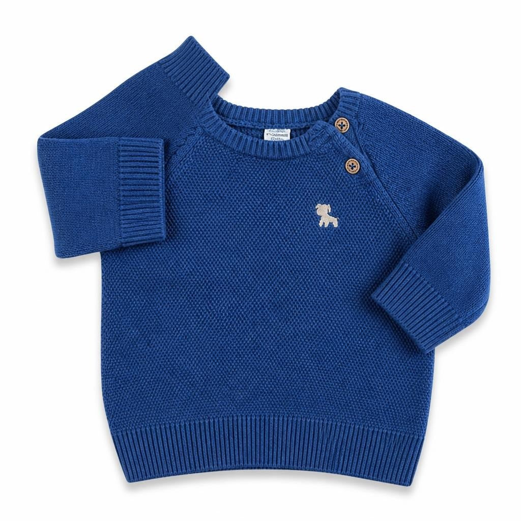 Blue Knit Baby Sweater with Puppy Embroidery - pre-loved at Why Go Less, Lebanon