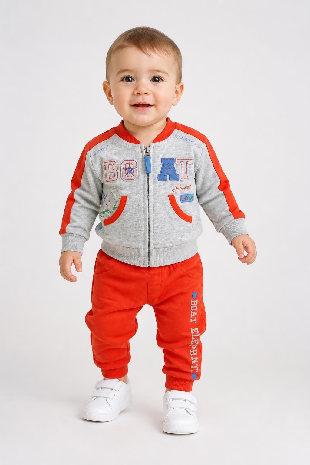 Baby Boy Tracksuit Set Grey Orange BOAT Print - pre-loved at Why Go Less, Lebanon
