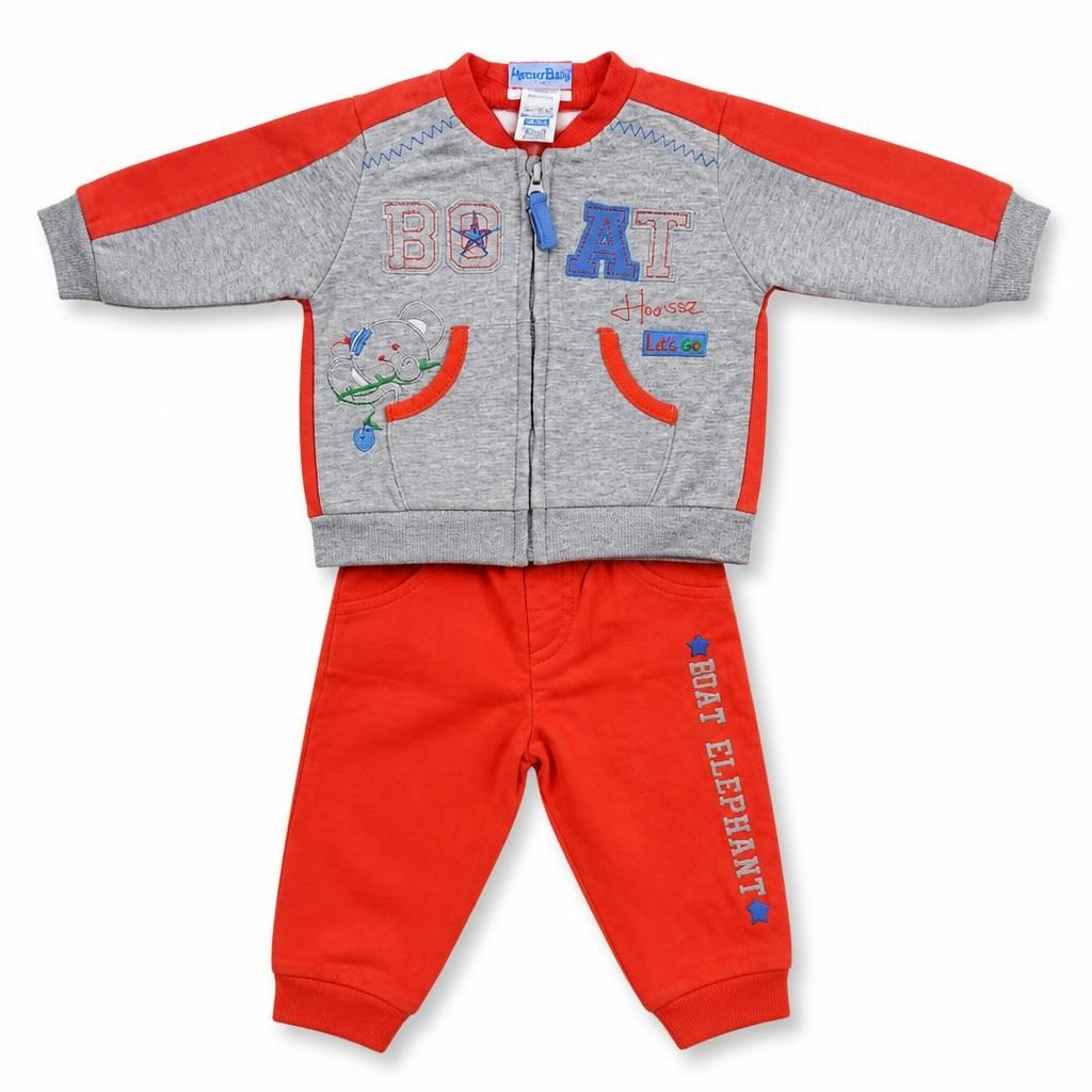 Baby Boy Tracksuit Set Grey Orange BOAT Print - pre-loved at Why Go Less, Lebanon