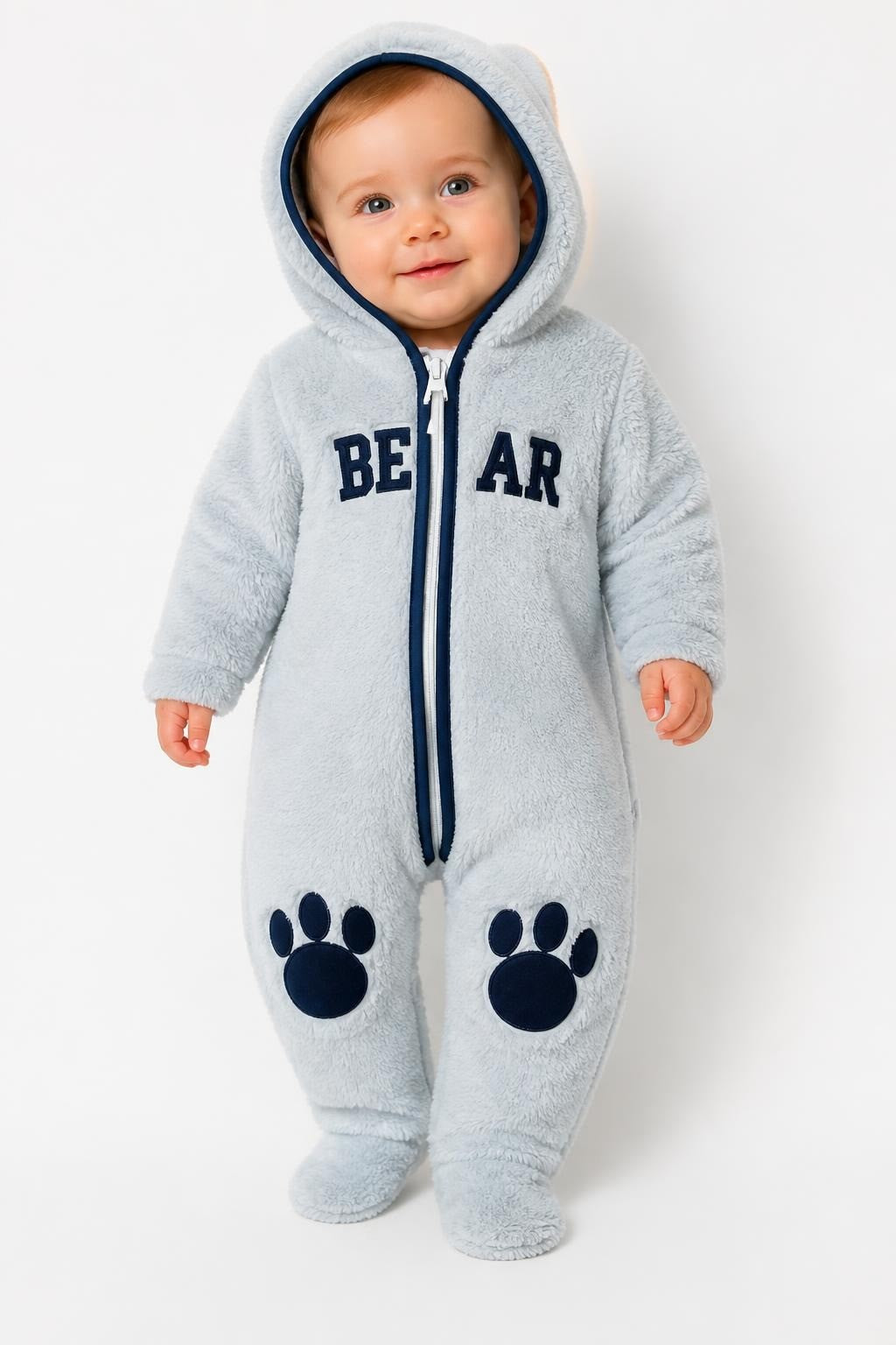 Bear Fleece Hooded Baby Snowsuit Grey 3-6M - pre-loved at Why Go Less, Lebanon