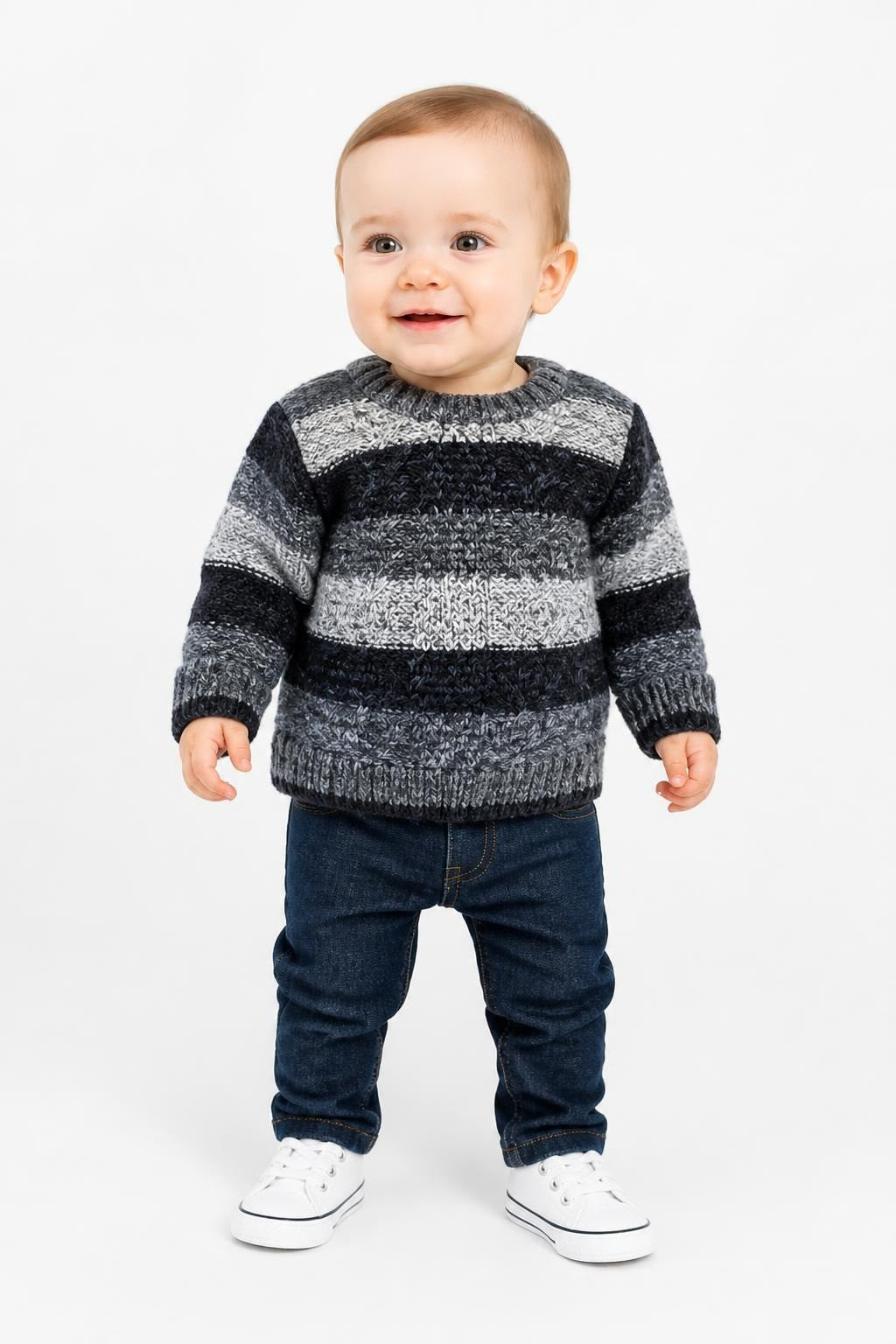Navy Grey Stripe Knit Pullover, Baby - pre-loved at Why Go Less, Lebanon