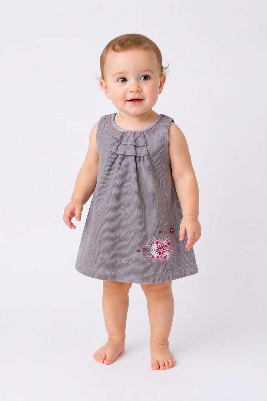 Baby Girl Grey Corduroy Sleeveless Dress Butterfly - pre-loved at Why Go Less, Lebanon