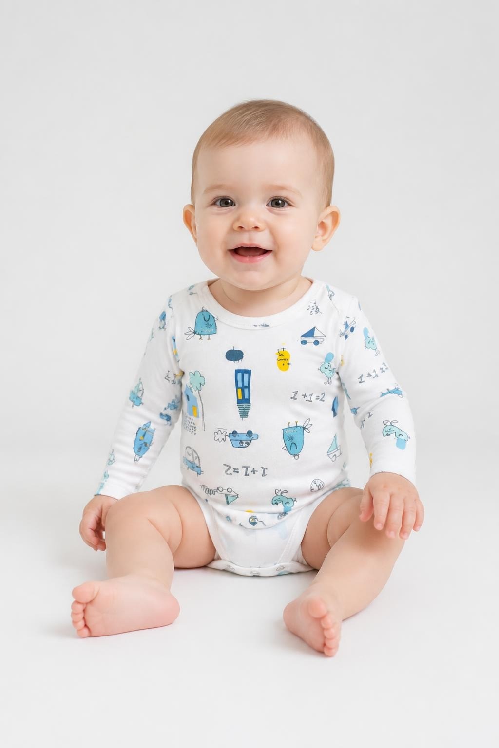 Printed Baby Bodysuit White Blue Math 1+1=2 - pre-loved at Why Go Less, Lebanon