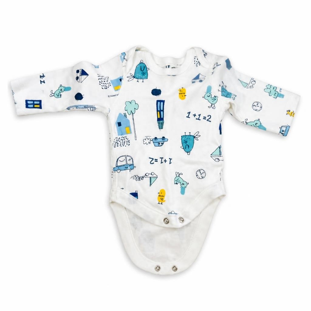 Printed Baby Bodysuit White Blue Math 1+1=2 - pre-loved at Why Go Less, Lebanon