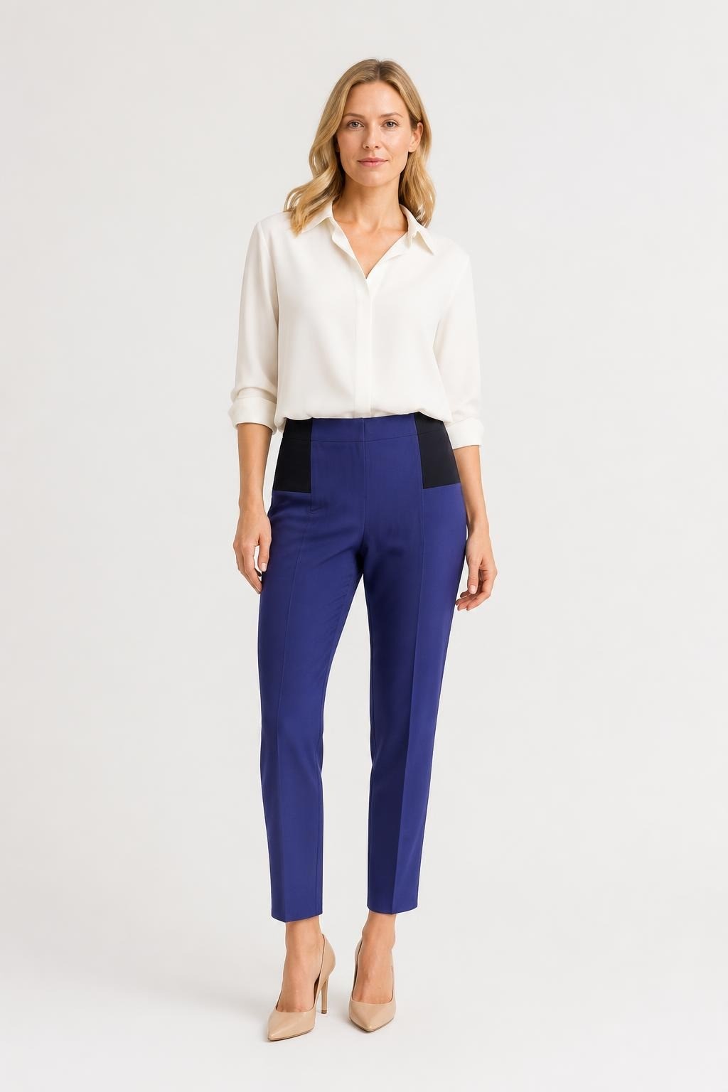 Blue Two-tone Slim Trousers with Ankle Zip - pre-loved at Why Go Less, Lebanon