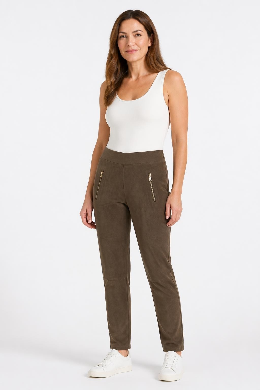 Brown Suede-look Moto Trousers Gold Zips - pre-loved at Why Go Less, Lebanon