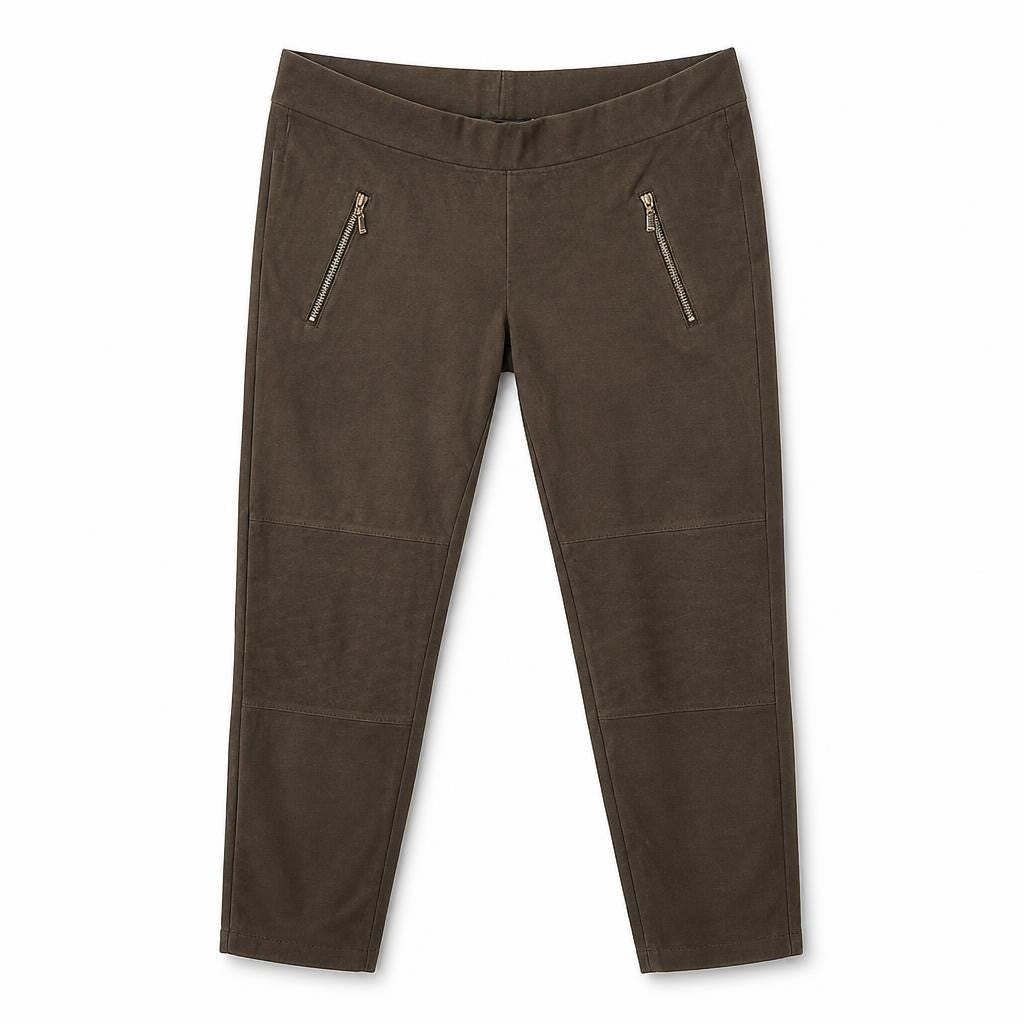 Brown Suede-look Moto Trousers Gold Zips - pre-loved at Why Go Less, Lebanon
