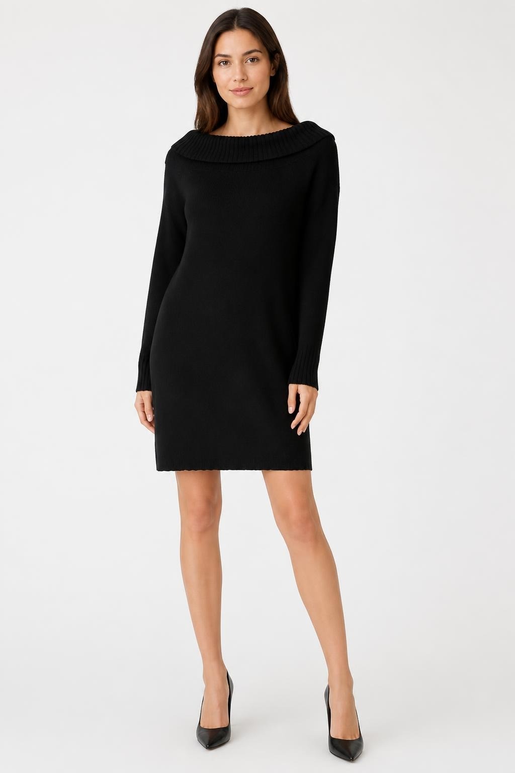 Black Off-shoulder Ribbed Knit Sweater Dress - pre-loved at Why Go Less, Lebanon