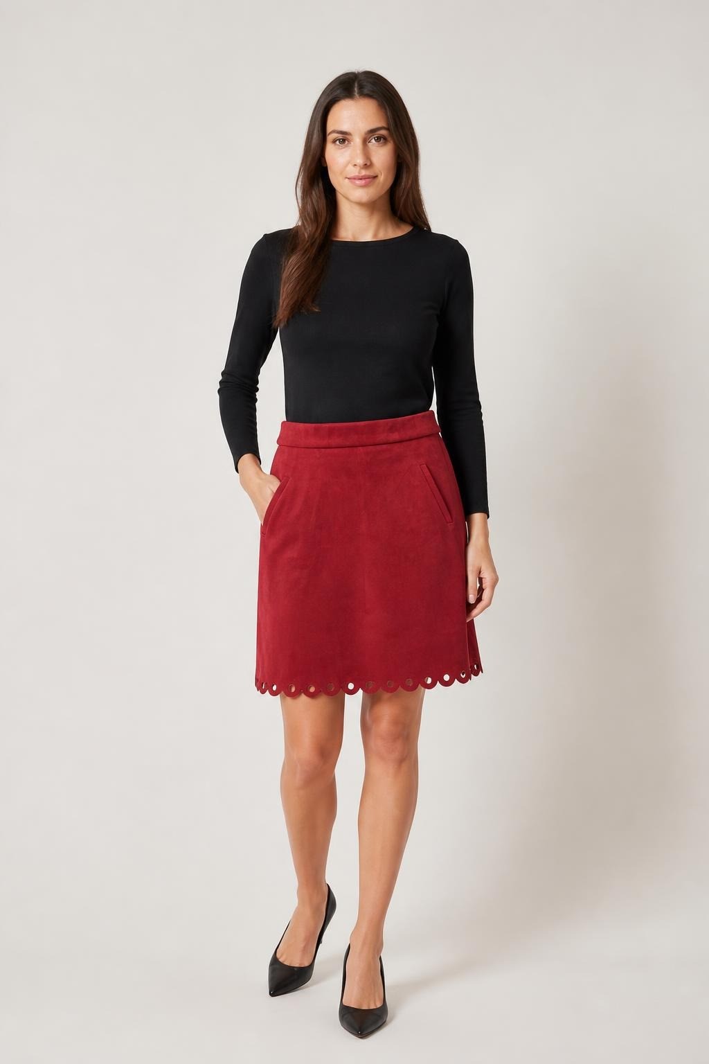 Red Suede Mini Skirt with Stud Hem Detail - pre-loved at Why Go Less, Lebanon