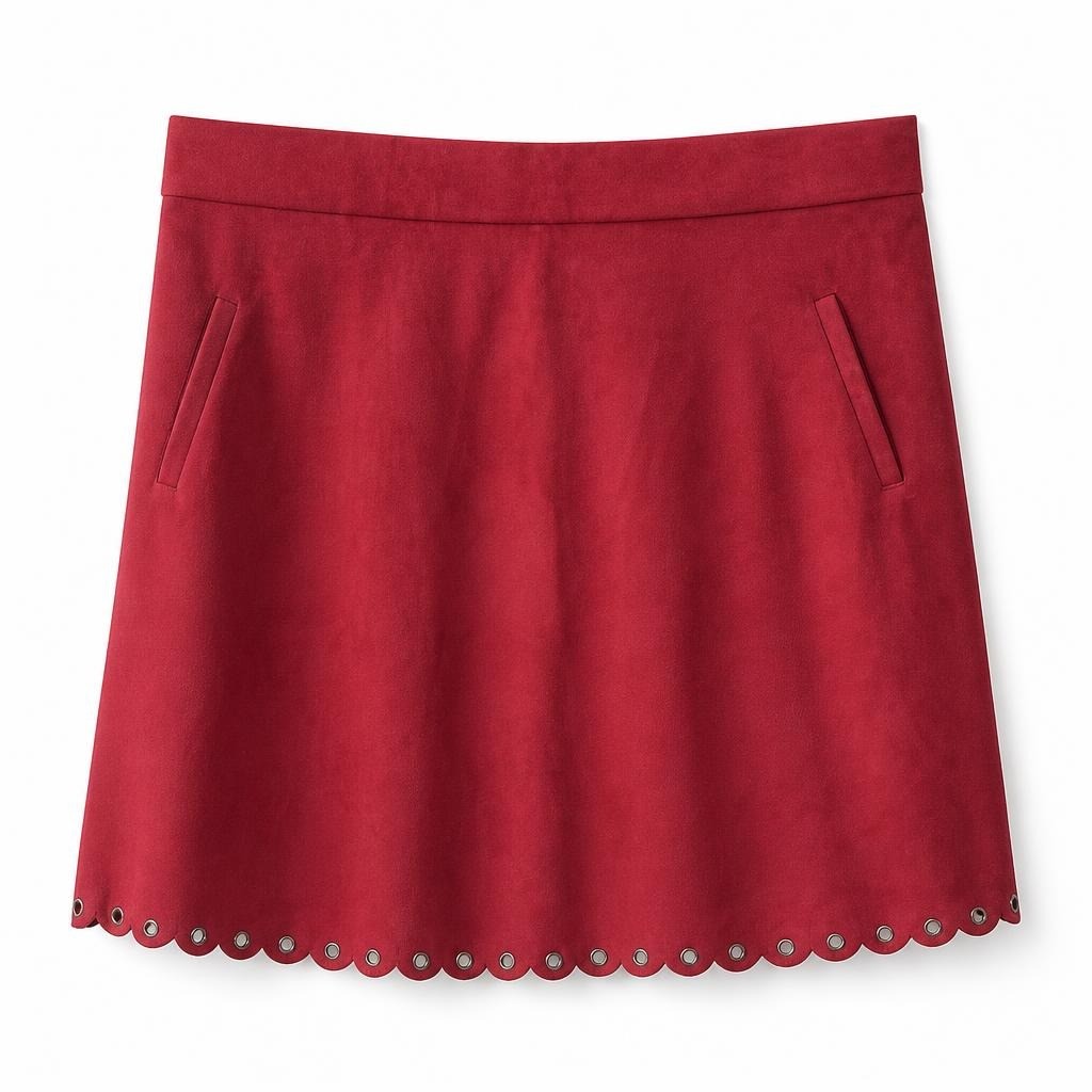 Red Suede Mini Skirt with Stud Hem Detail - pre-loved at Why Go Less, Lebanon