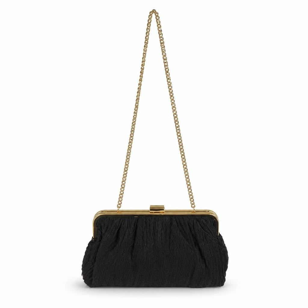 Black Satin Clutch Bag with Gold Chain Strap - pre-loved at Why Go Less, Lebanon