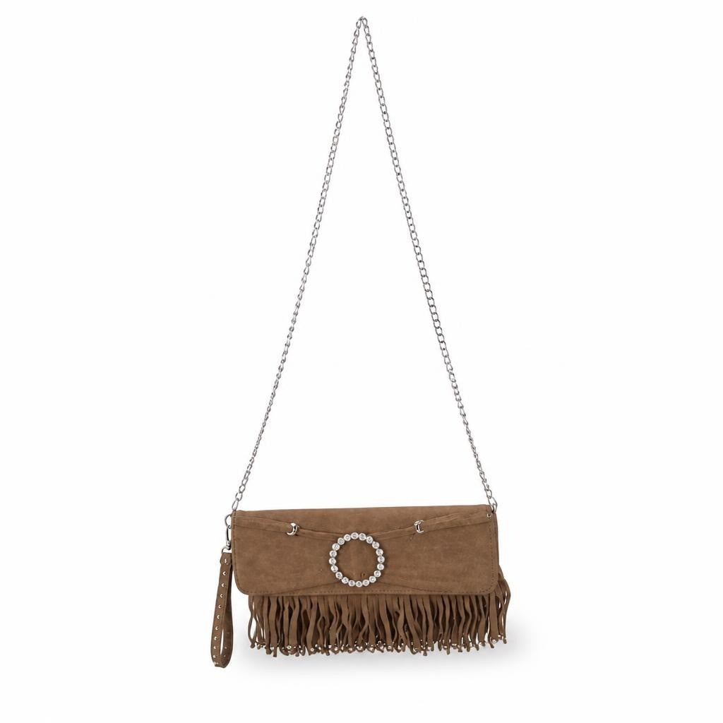 Tan Fringe Crossbody Bag with Jewel Buckle - pre-loved at Why Go Less, Lebanon